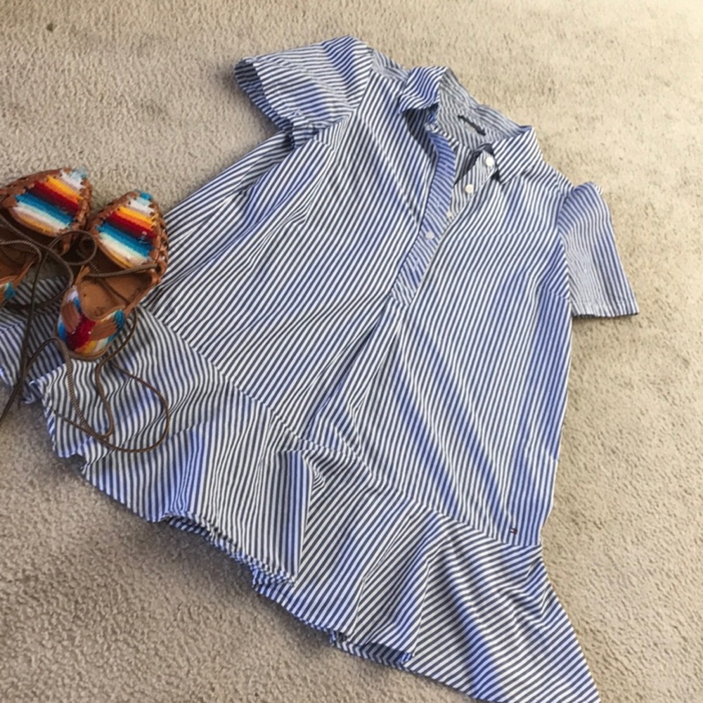 TOMMY HILFIGER/BLUE & WHITE COASTAL SHIRT DRESSwPEPLUM HEM/NEW